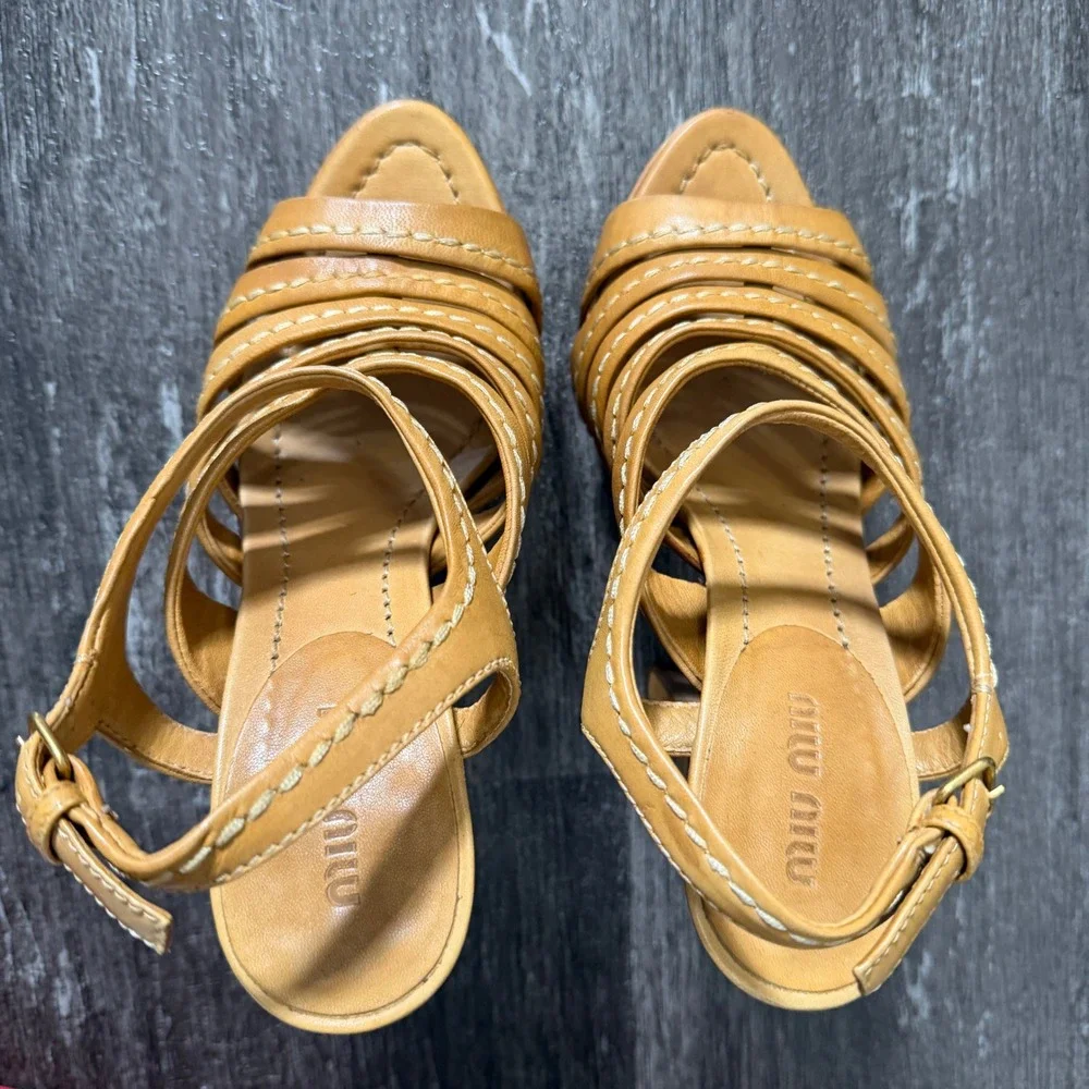 Miu Miu Tan Leather Strappy Platform Stiletto Heels‎ Sandals Size 35 EU / 5 US